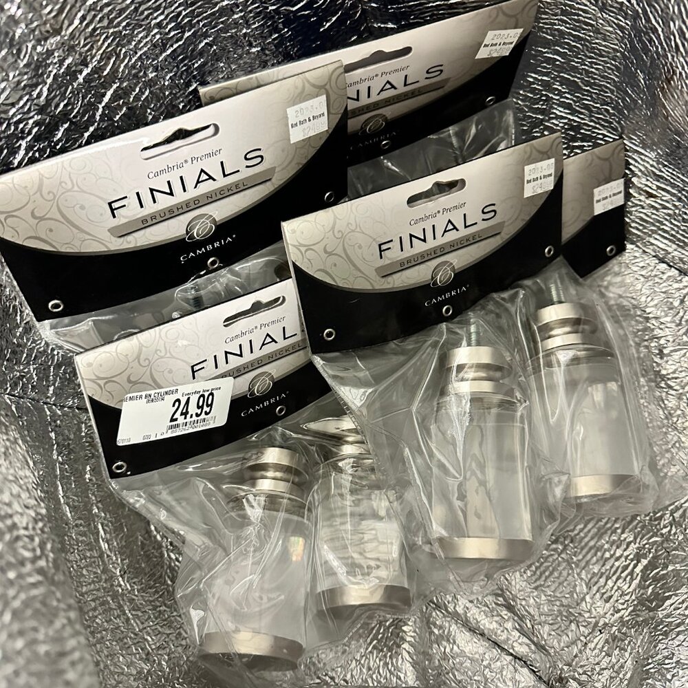 CAMBRIA FINIAL SETS/BRUSHED NICKEL & CLEAR ACRYLIC - 5 SETS (10) - NWT - REDUCED